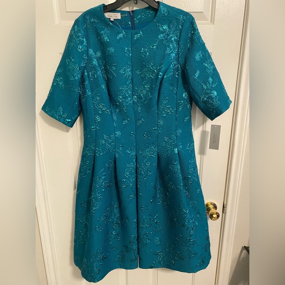 NWT Rickie Freeman for Teri Jon TealPleated Floral Jacquard Midi Dress Sz 12